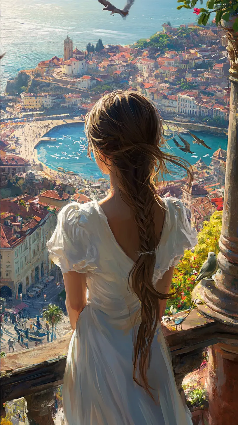 Girl in white dress relaxing on balcony above city