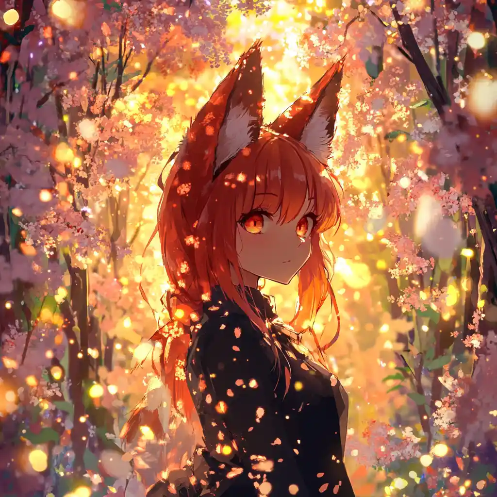 Anime fox girl under glowing cherry blossom trees