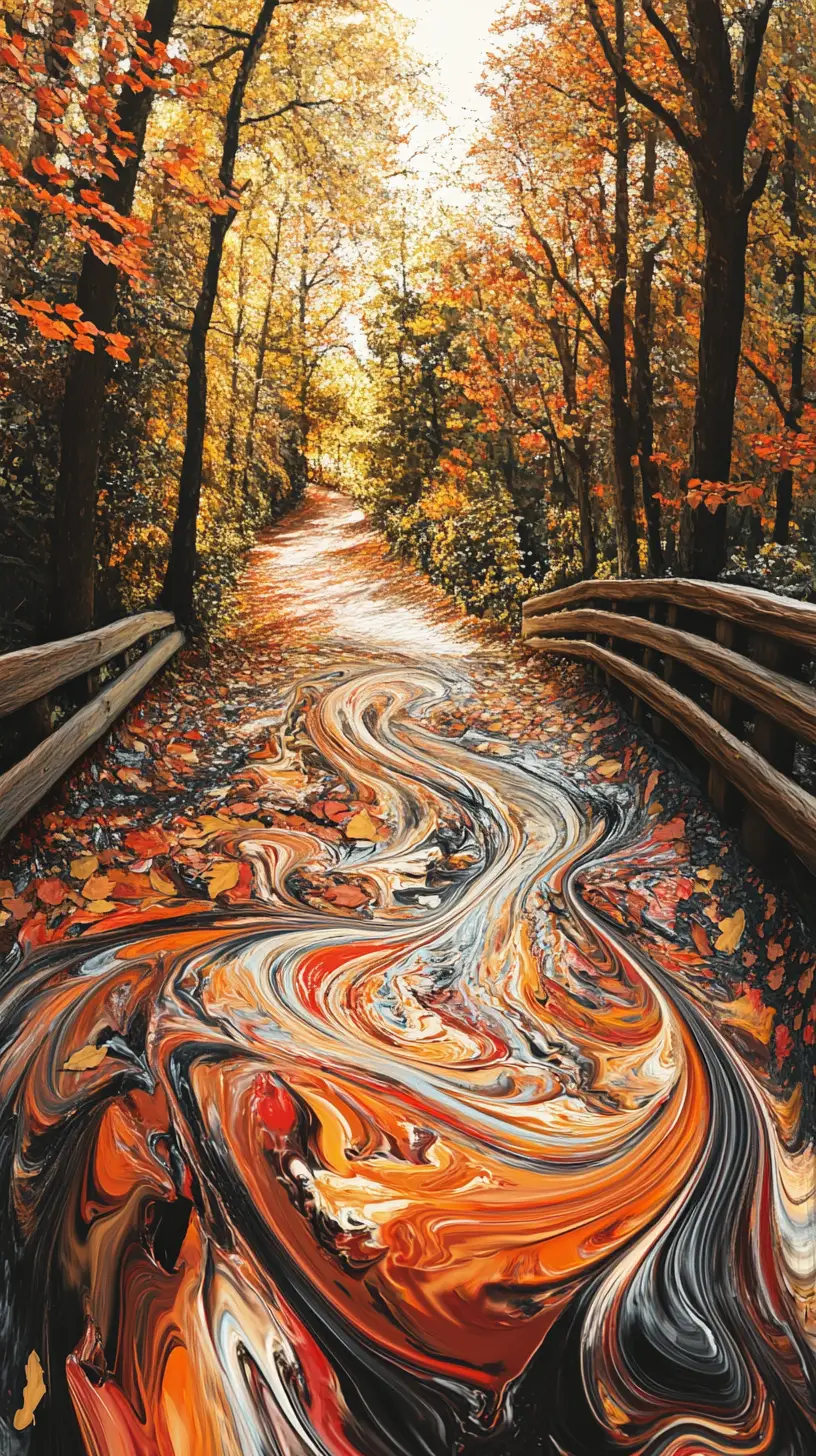 Autumn paint can pouring into a glowing forest path