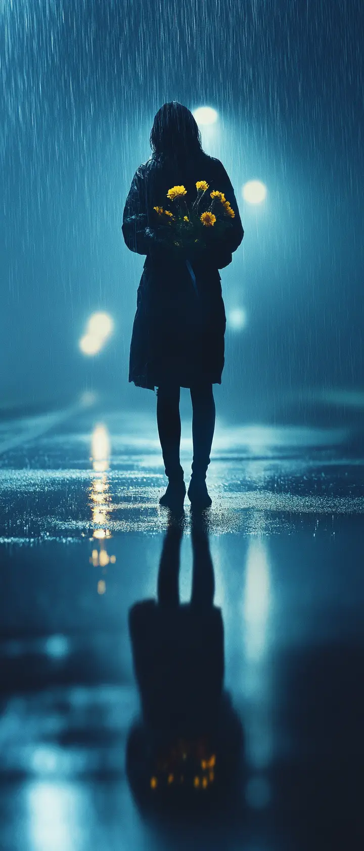 Lonely figure in the rain holding a bouquet