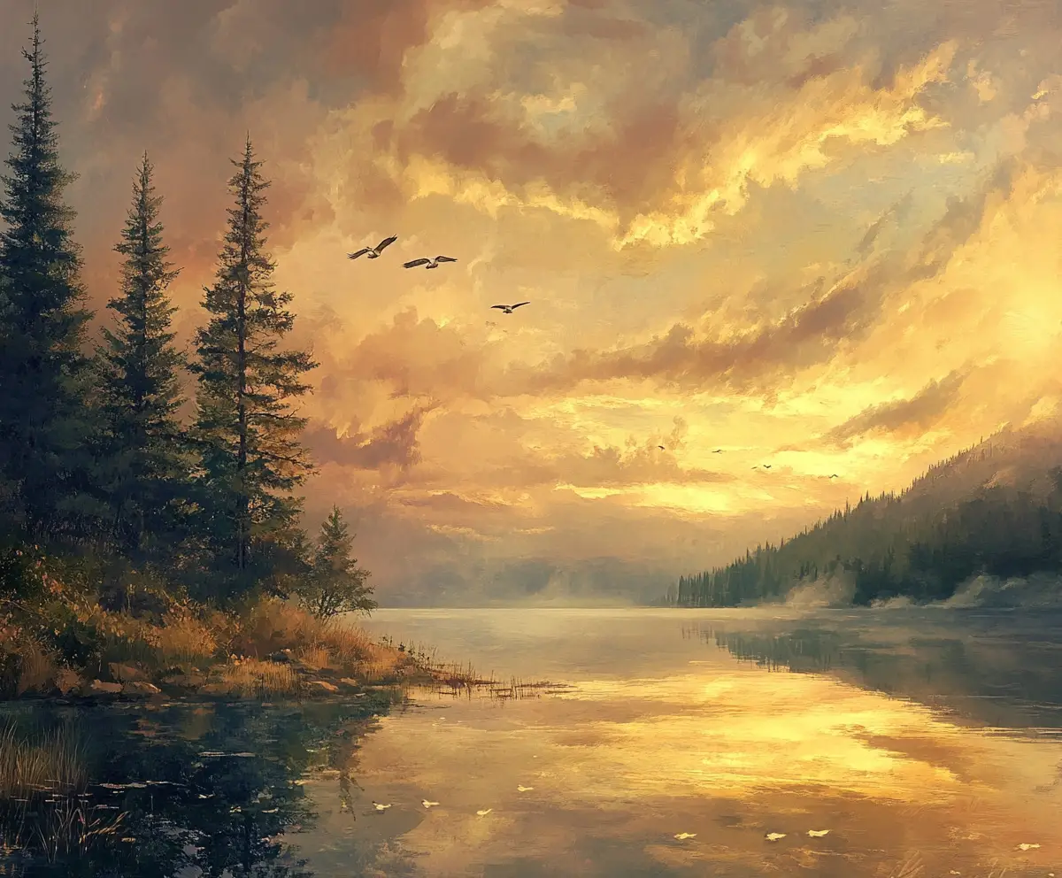 Tranquil sunset lake with isolated conifer trees