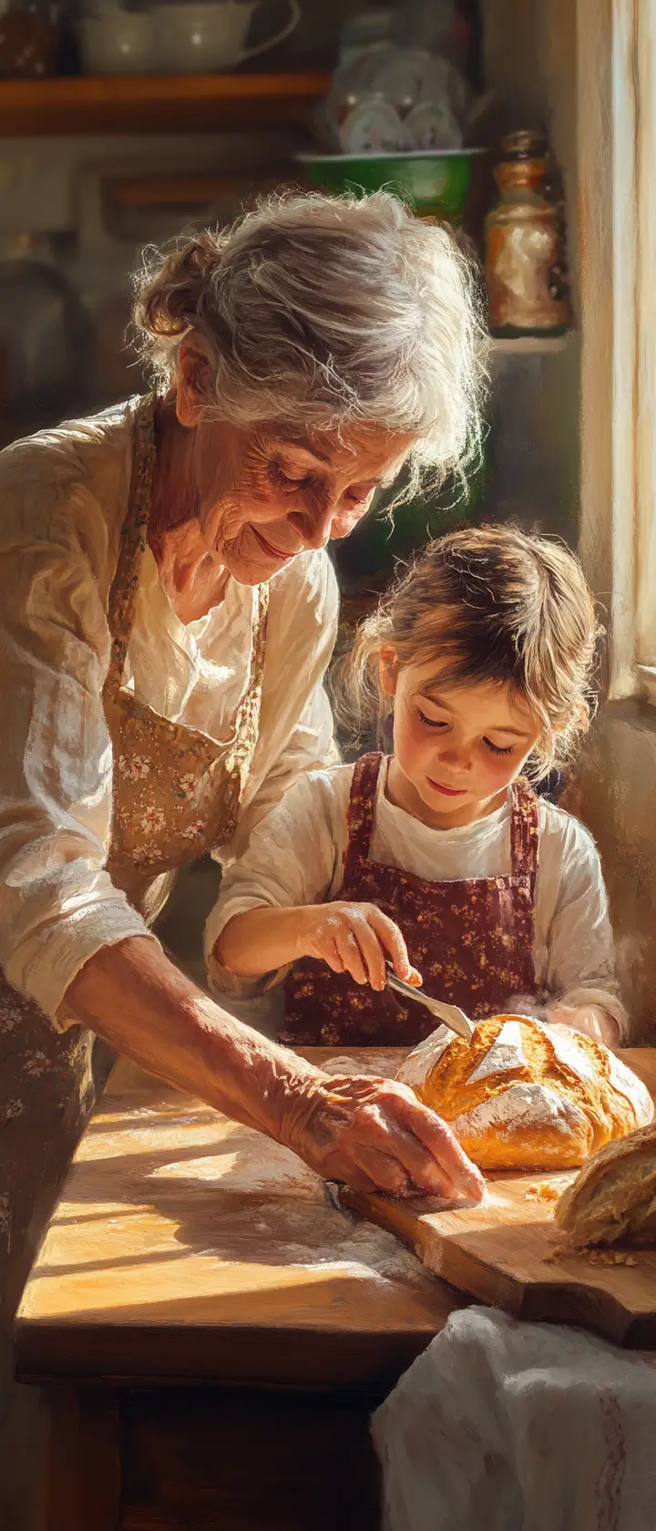 Grandmother Teaching Grandchild To Bake Bread In Warm Kitchen