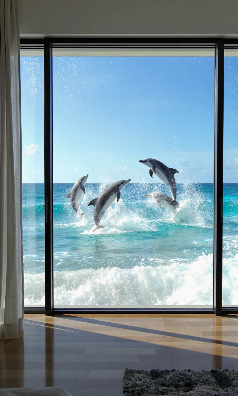 Dolphins Leaping Beyond Window Of Modern Beach House