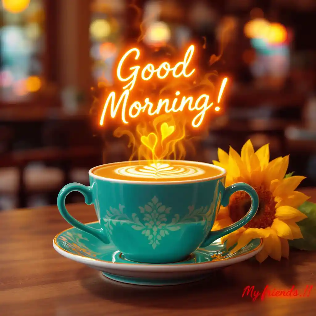 Tasse de café turquoise avec latte art et texte matinal lumineux