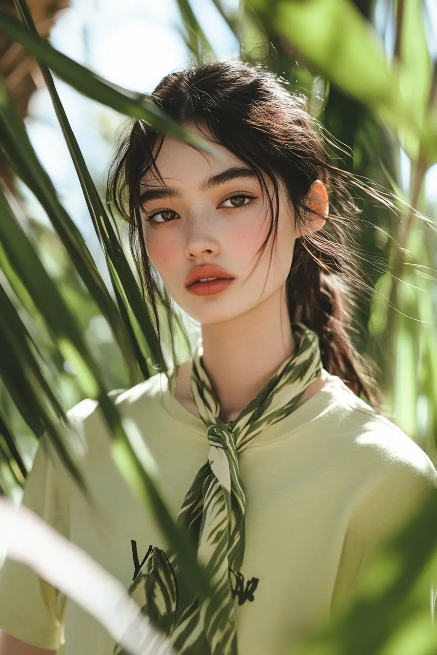 Japanese model in tropical safari inspired fashion portrait