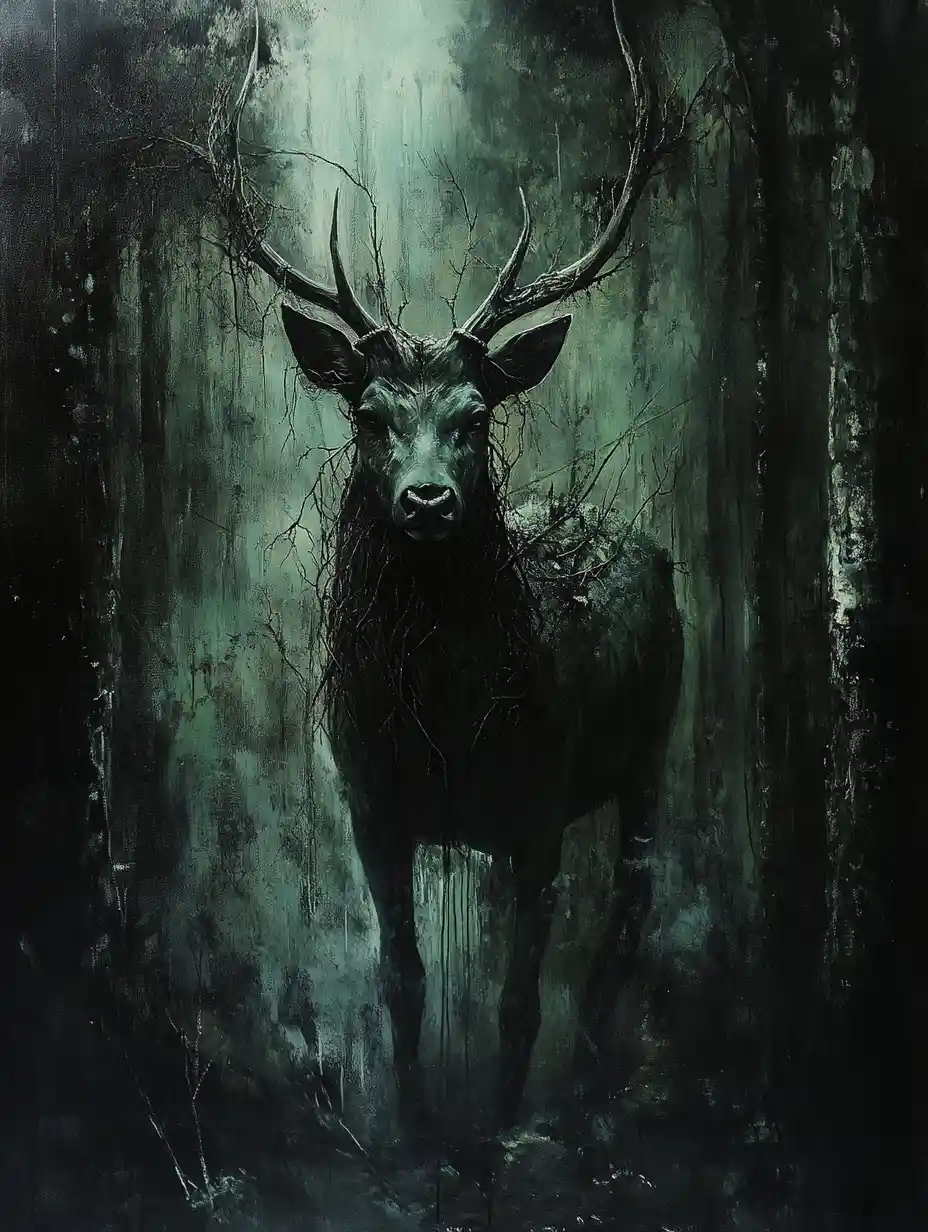 Mystical stag of twigs walking through a dark forest