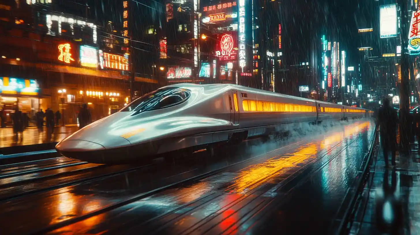 Treno proiettile retro-futuristico che sfreccia tra i neon della città notturna