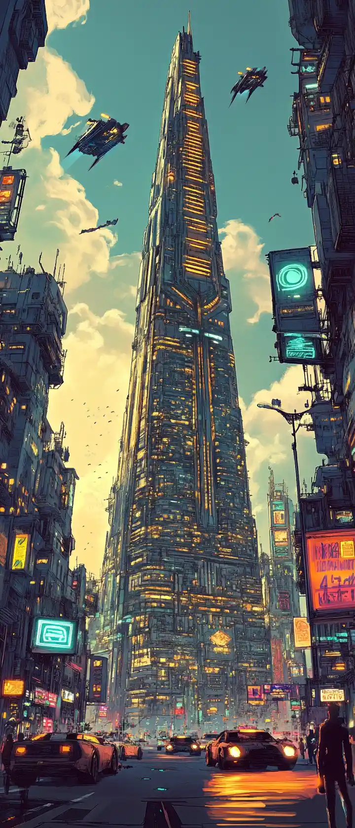 Arranha-céu de cidade futurista na hora dourada com carros voadores