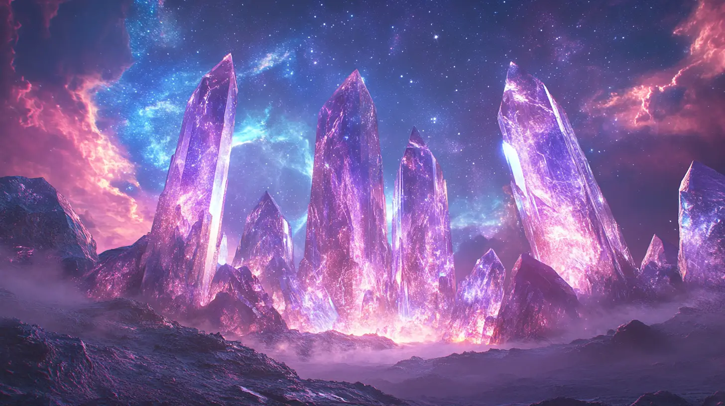 Ancient crystal altar beneath a swirling cosmic nebula sky
