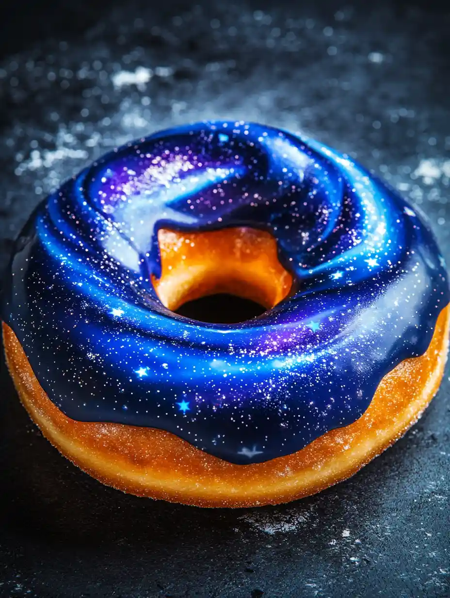 Close up galaxy donut with shimmering cosmic icing