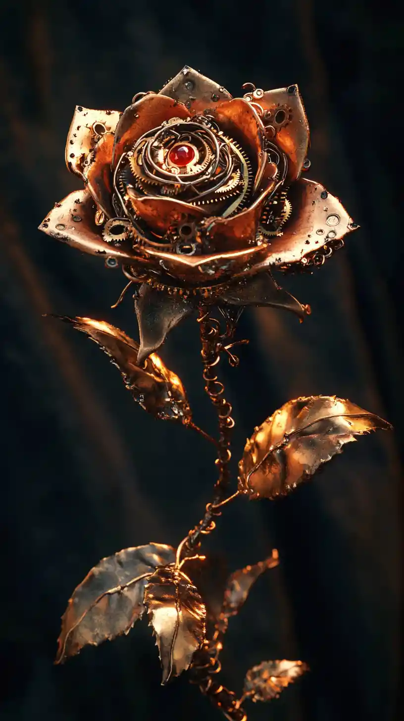 Mechanical brass rose with glowing ruby clockwork core
