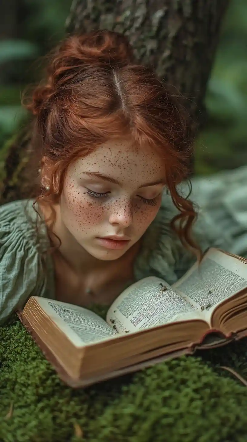 Girl with freckles praying on moss in a forest