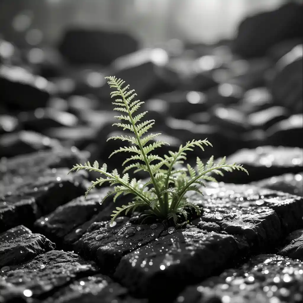 Black and white fern growing among rugged basalt rocks