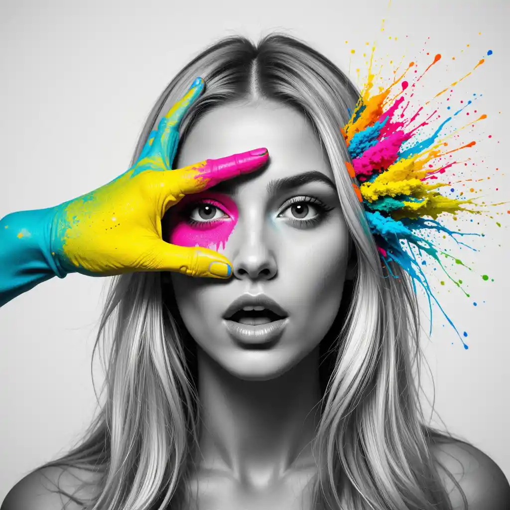 Black and white portrait with vibrant painted hand