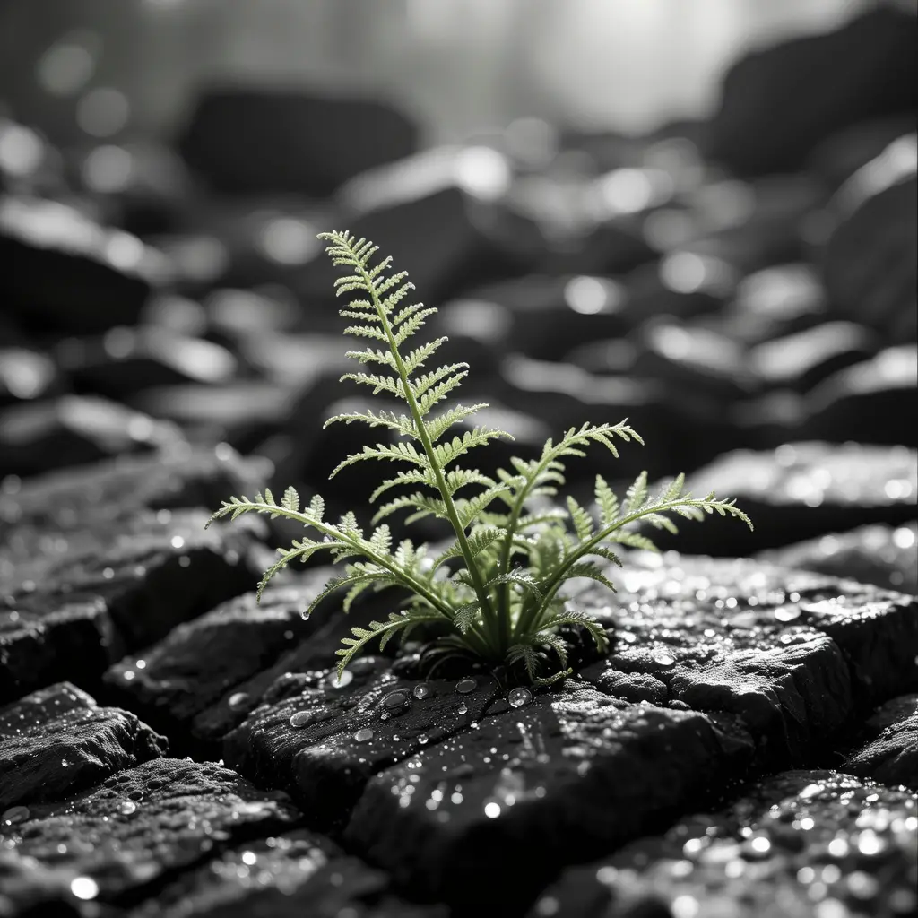 Black and white fern growing among rugged basalt rocks