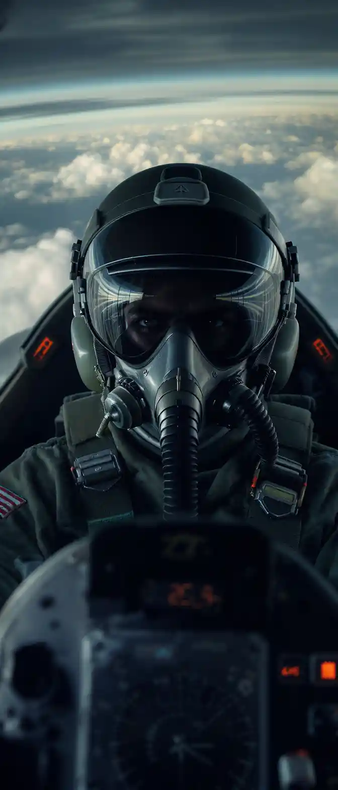 Fighter pilot portrait inside modern jet cockpit