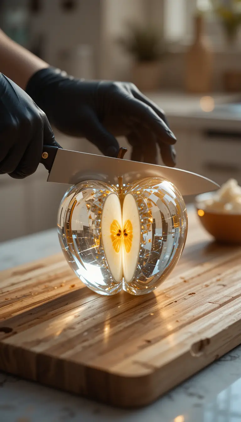 Close up of glass apple sliced on wooden cutting board