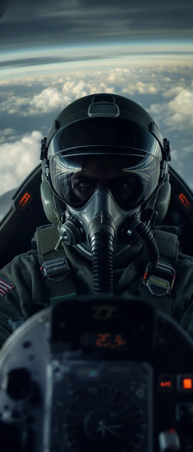 Fighter pilot portrait inside modern jet cockpit