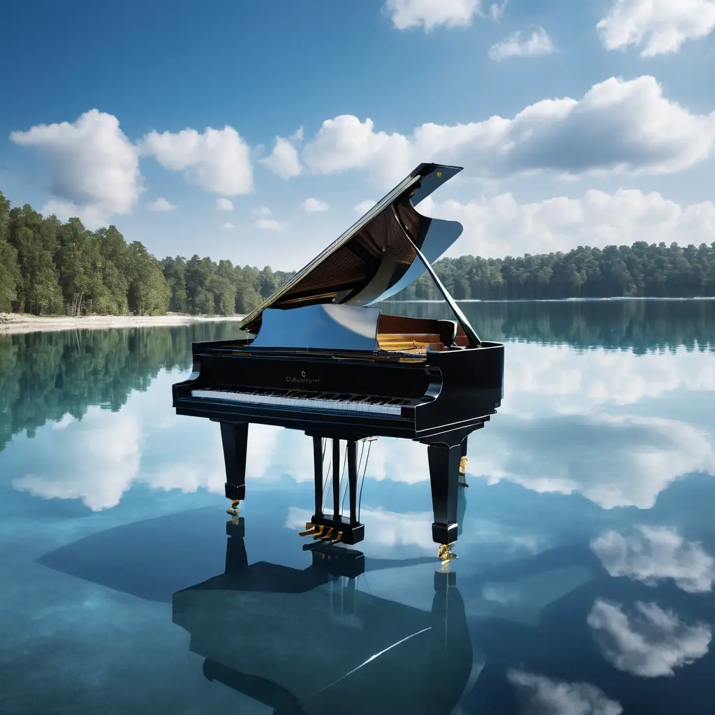 Black grand piano beside a still reflective lakeside