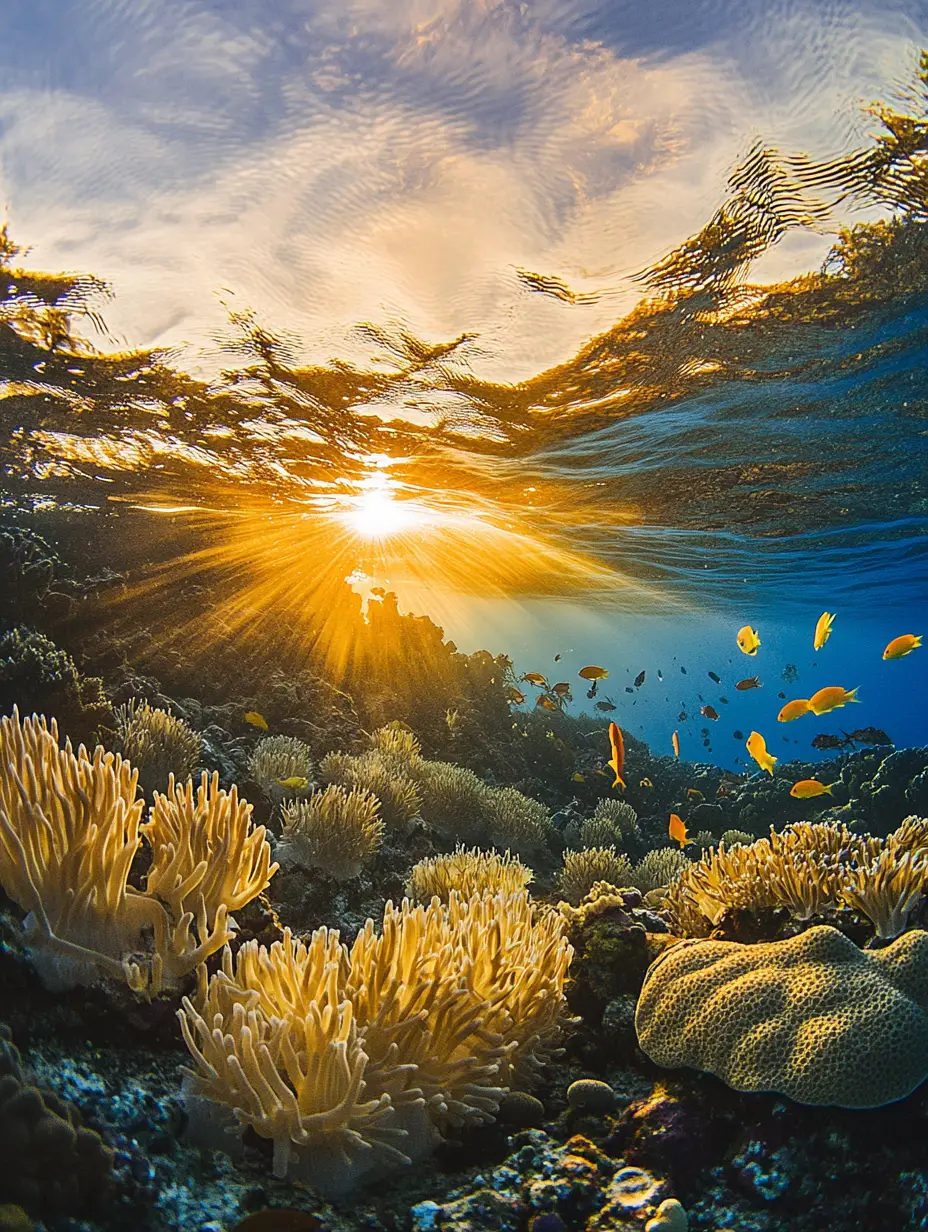 Sunlit coral reef with schooling fish at golden hour