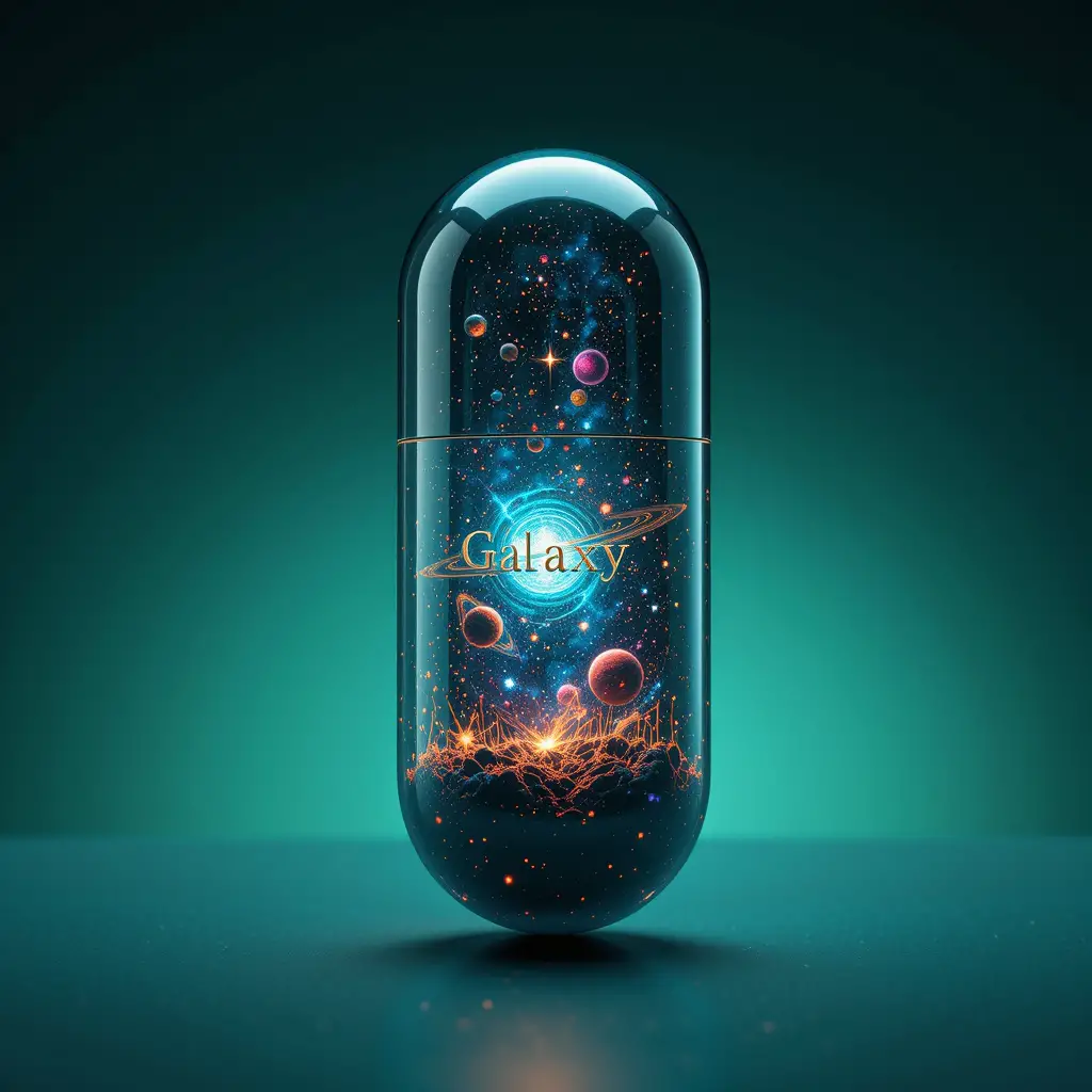 Futuristic vitamin capsule holding a glowing cosmic universe