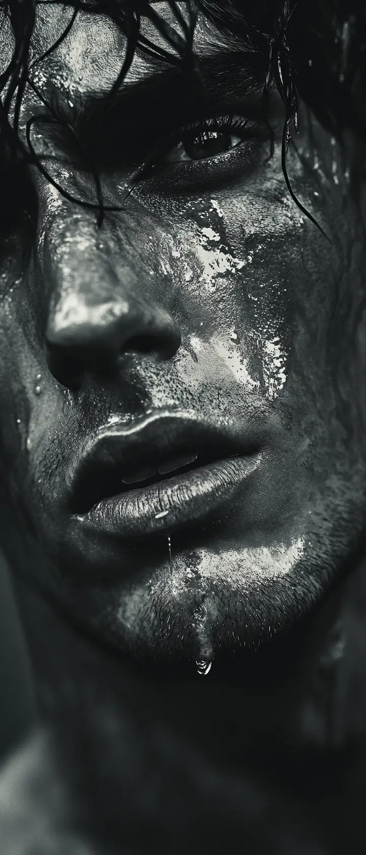 Dark haired man extreme close up portrait with anguish