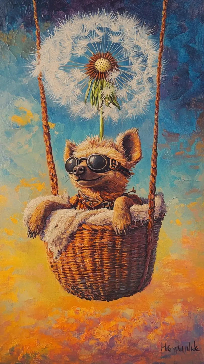 Hyena Relaxing In Basket Hanging From Giant Dandelion