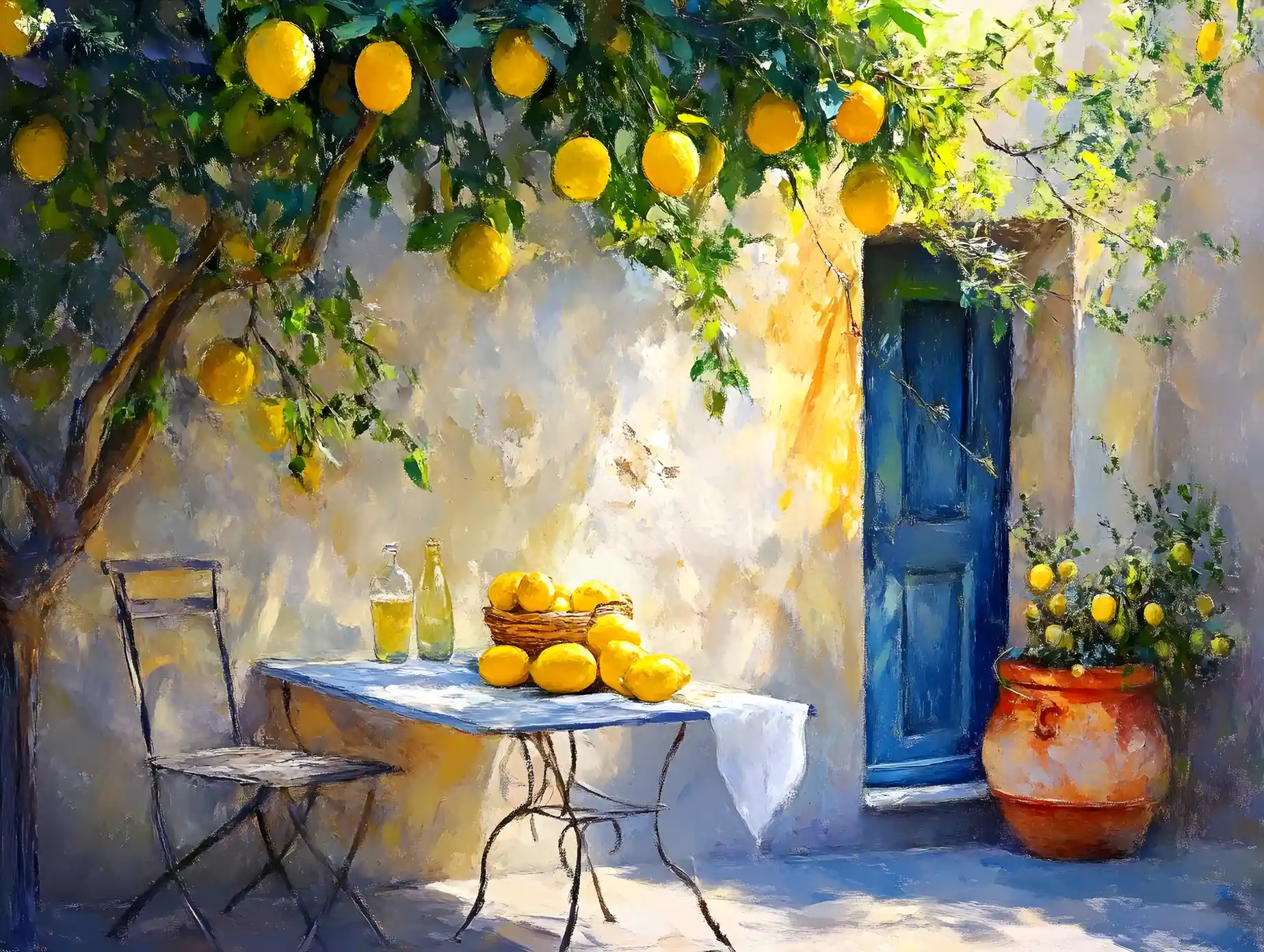 Cozy lemon tree by a table in a Mediterranean courtyard