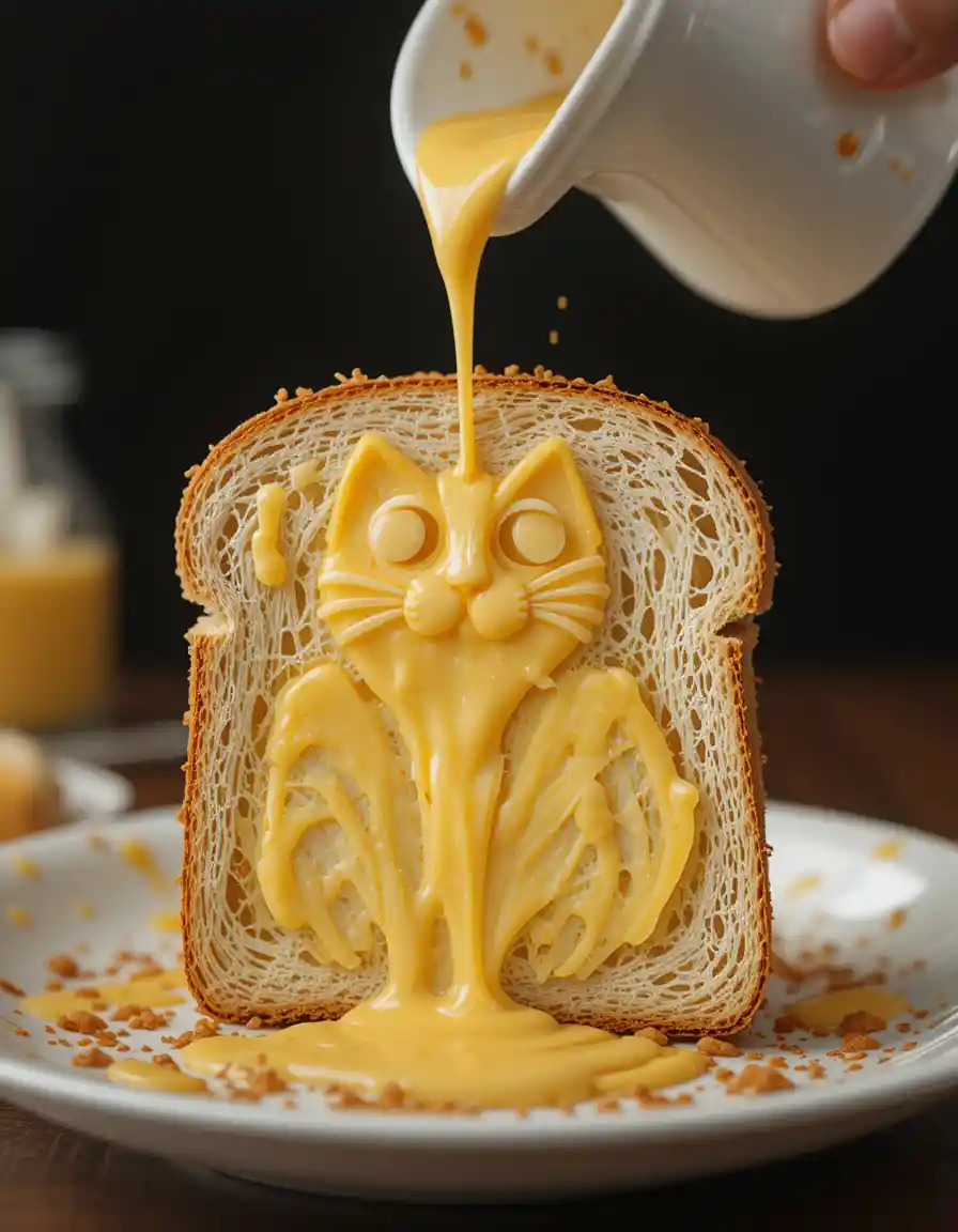 Cartoon butter and cheese cat on a sandwich