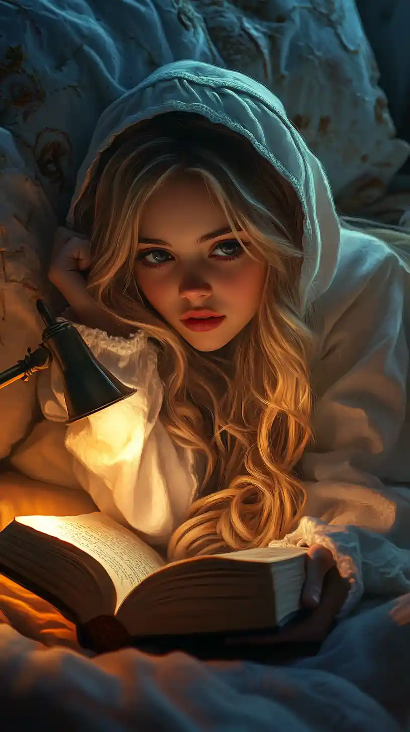 Young girl reading a book in bed by lamplight