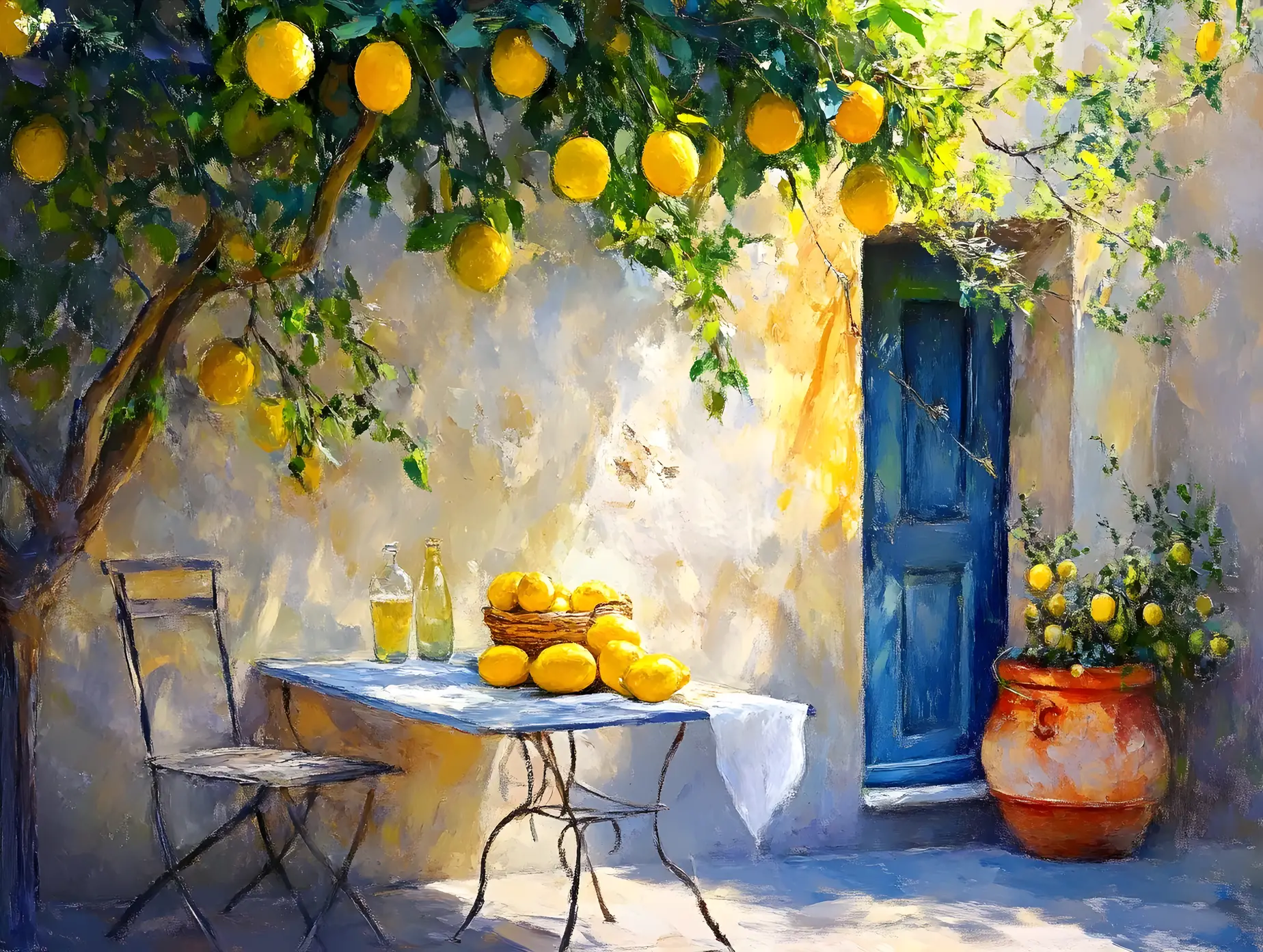Accogliente albero di limone accanto a un tavolo in un cortile mediterraneo
