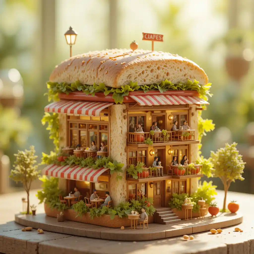 Miniature cafe world inside a towering sandwich