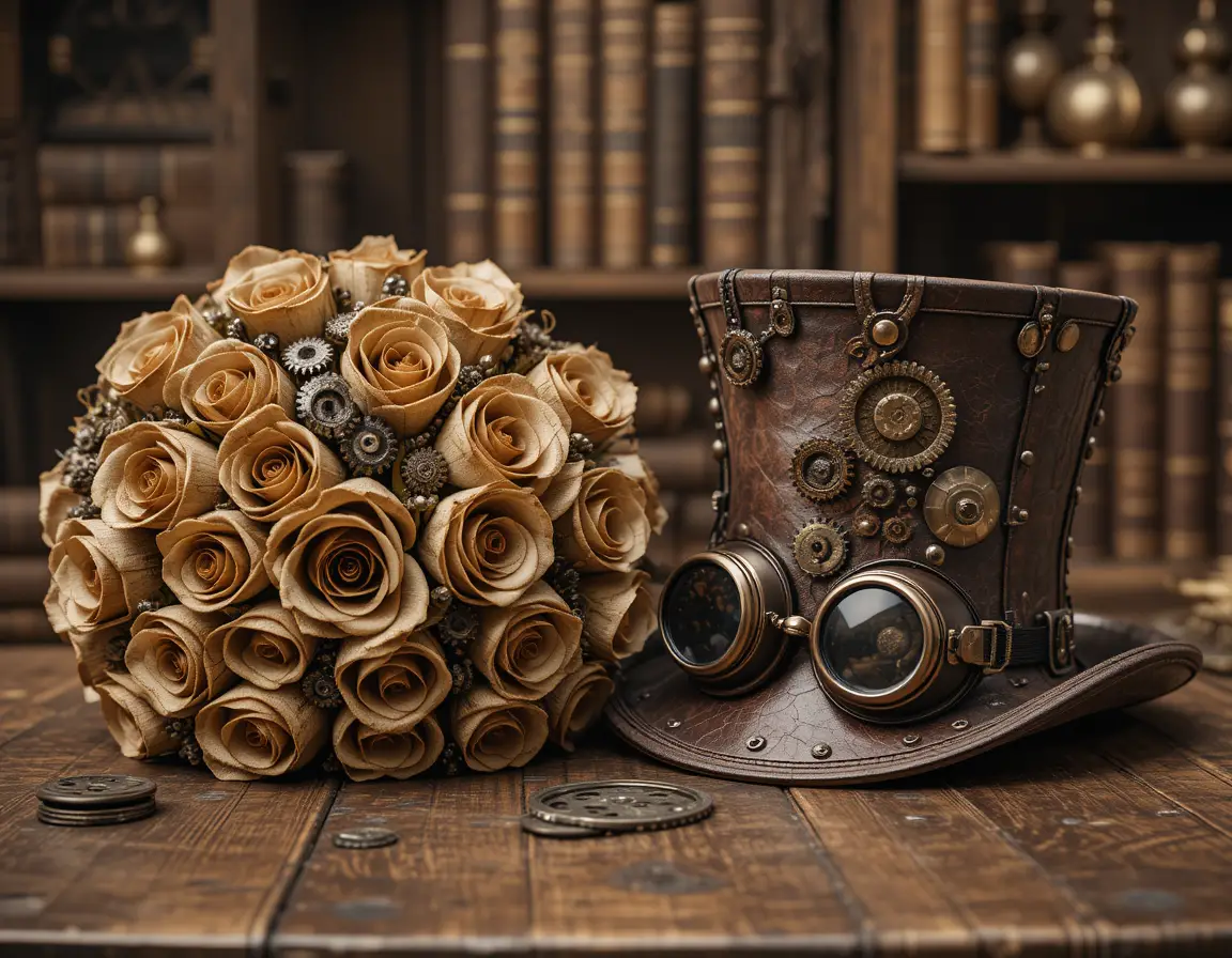 Steampunk bridal bouquet and leather top hat still life