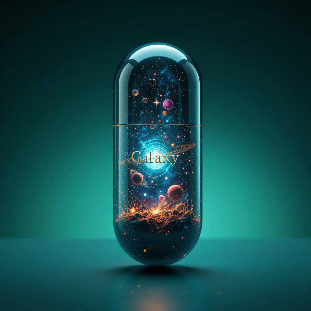 Futuristic vitamin capsule holding a glowing cosmic universe