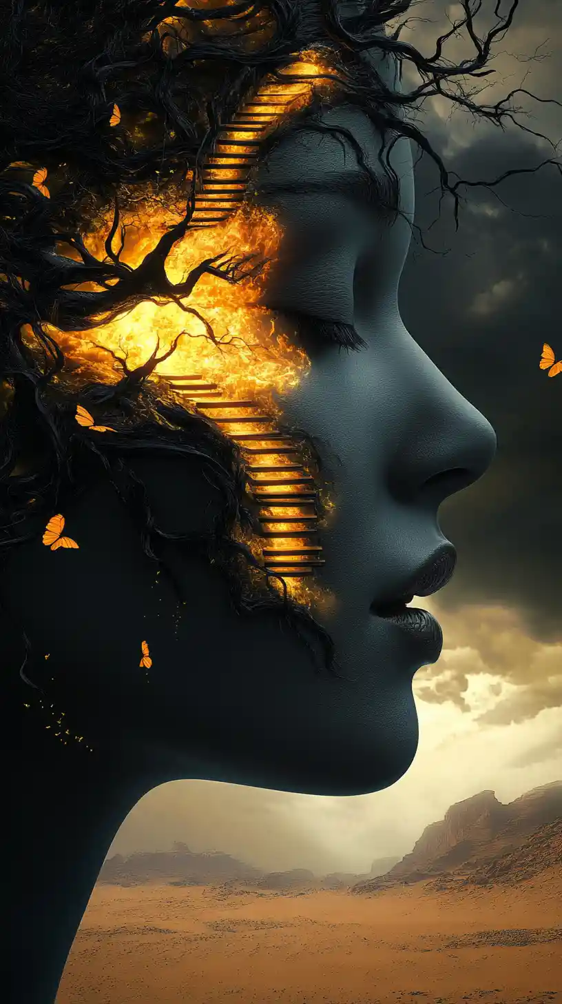 Surreal woman profile with golden core and butterflies