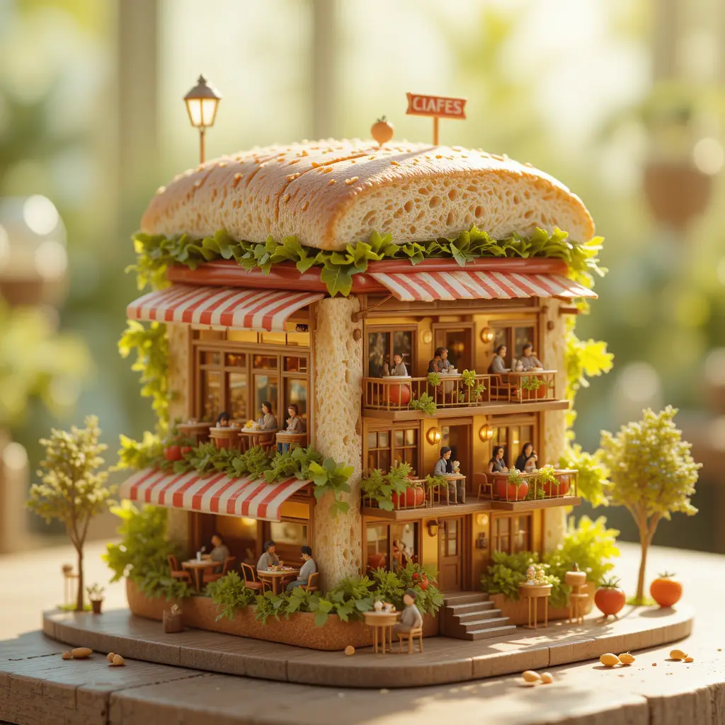 Miniature cafe world inside a towering sandwich