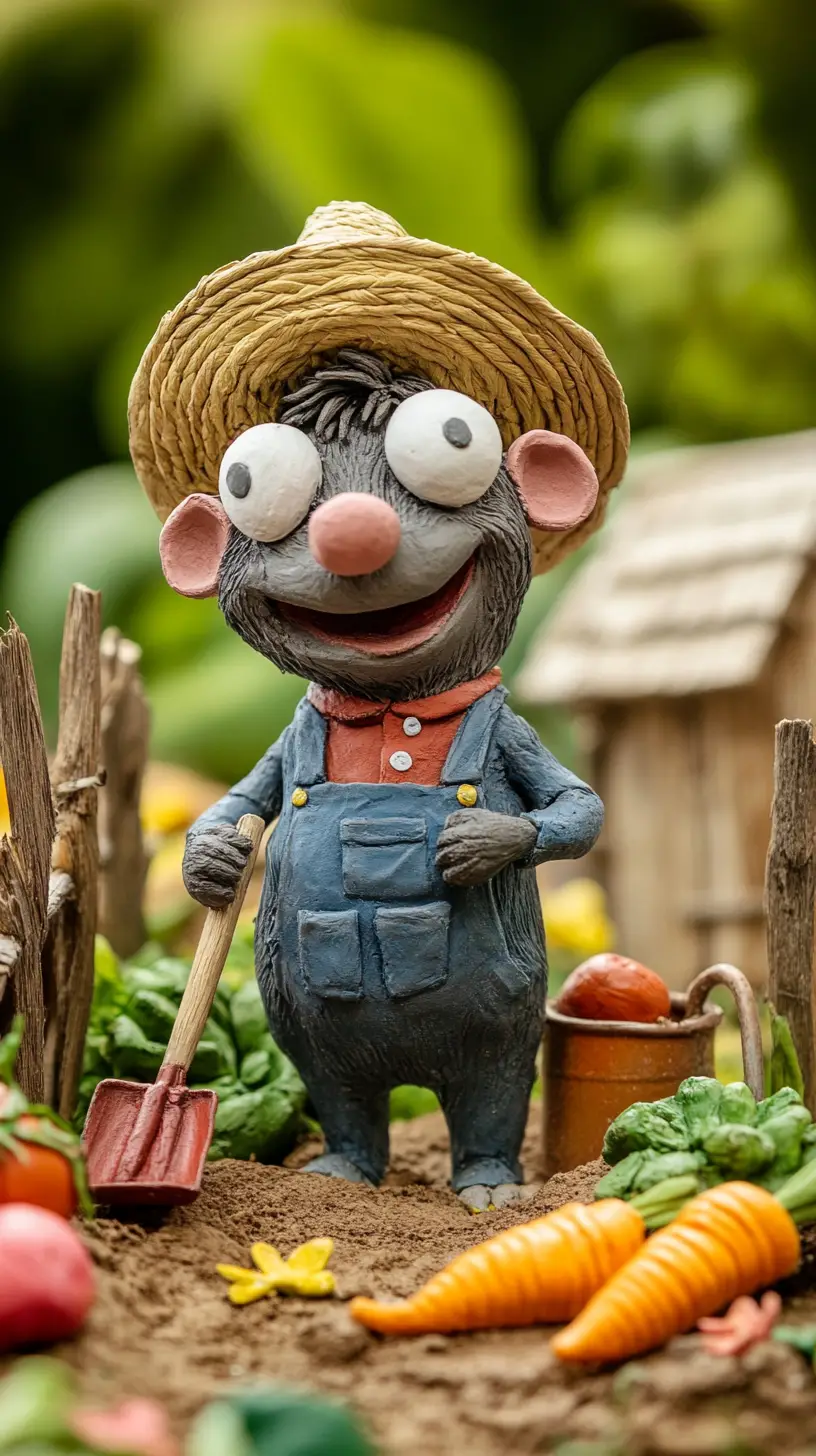 Cheerful Claymation Mole Gardener In A Vegetable Garden