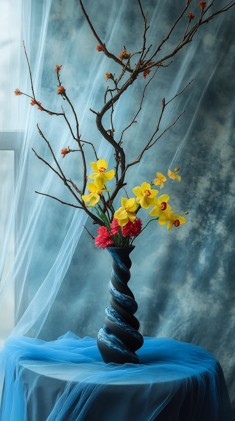 Modern floral arrangement reflected in a large wall mirror