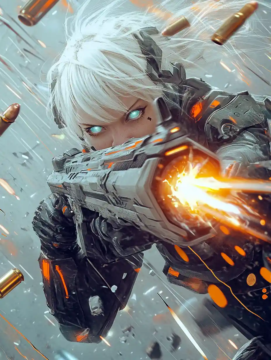 White haired sci fi woman firing a massive machine gun