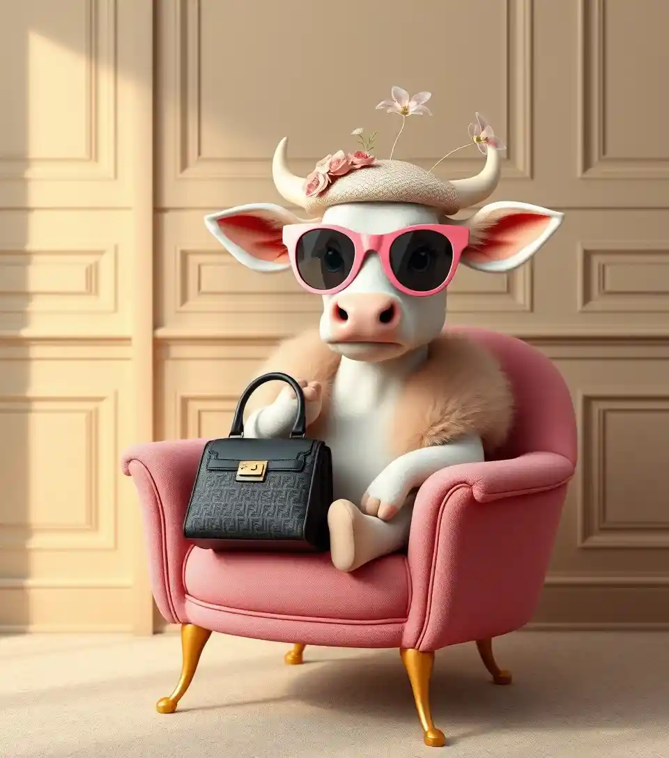 Stylish anthropomorphic cow relaxing in a pink armchair