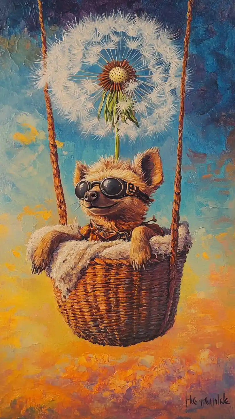 Hyena Relaxing In Basket Hanging From Giant Dandelion