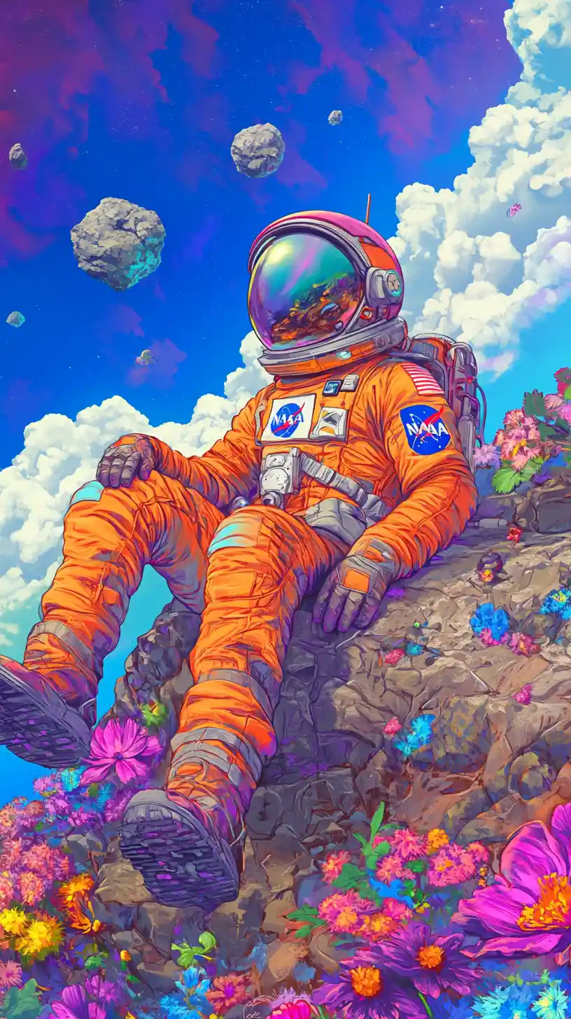 在繽紛岩石外星地景中放鬆的太空人