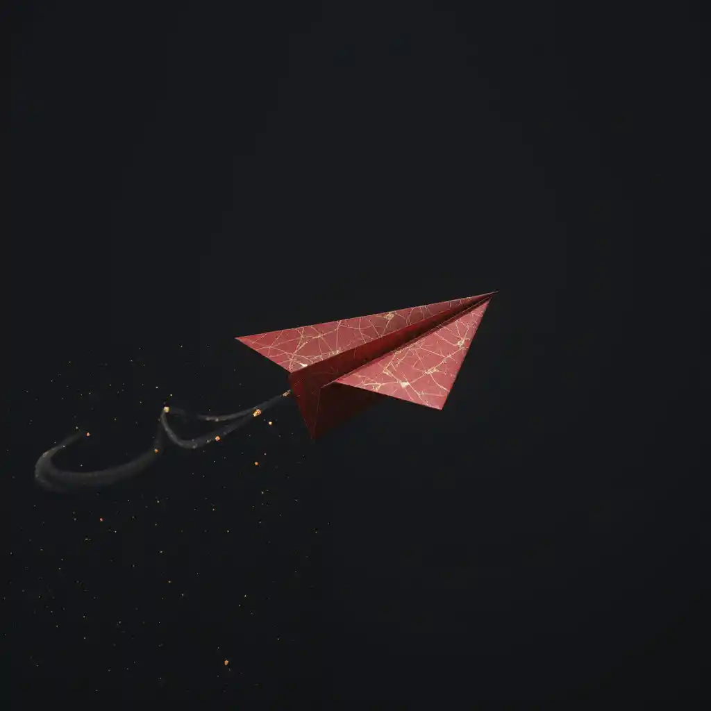 Crimson paper airplane flying through a dark empty void