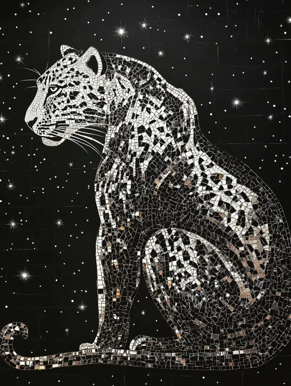 Silver mosaic leopard glowing beneath a bright starry sky