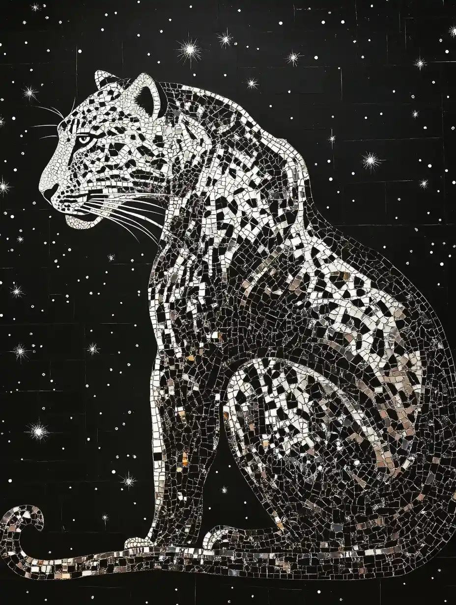 Leopardo argentato a mosaico che brilla sotto un cielo stellato