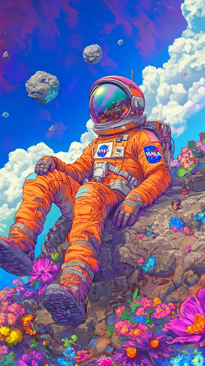 Astronaut Relaxing On Colorful Rocky Alien Landscape