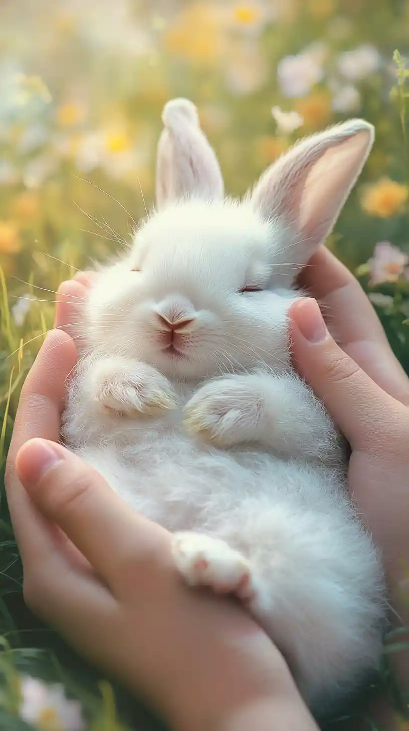 Peaceful baby rabbit cradled gently in human hands