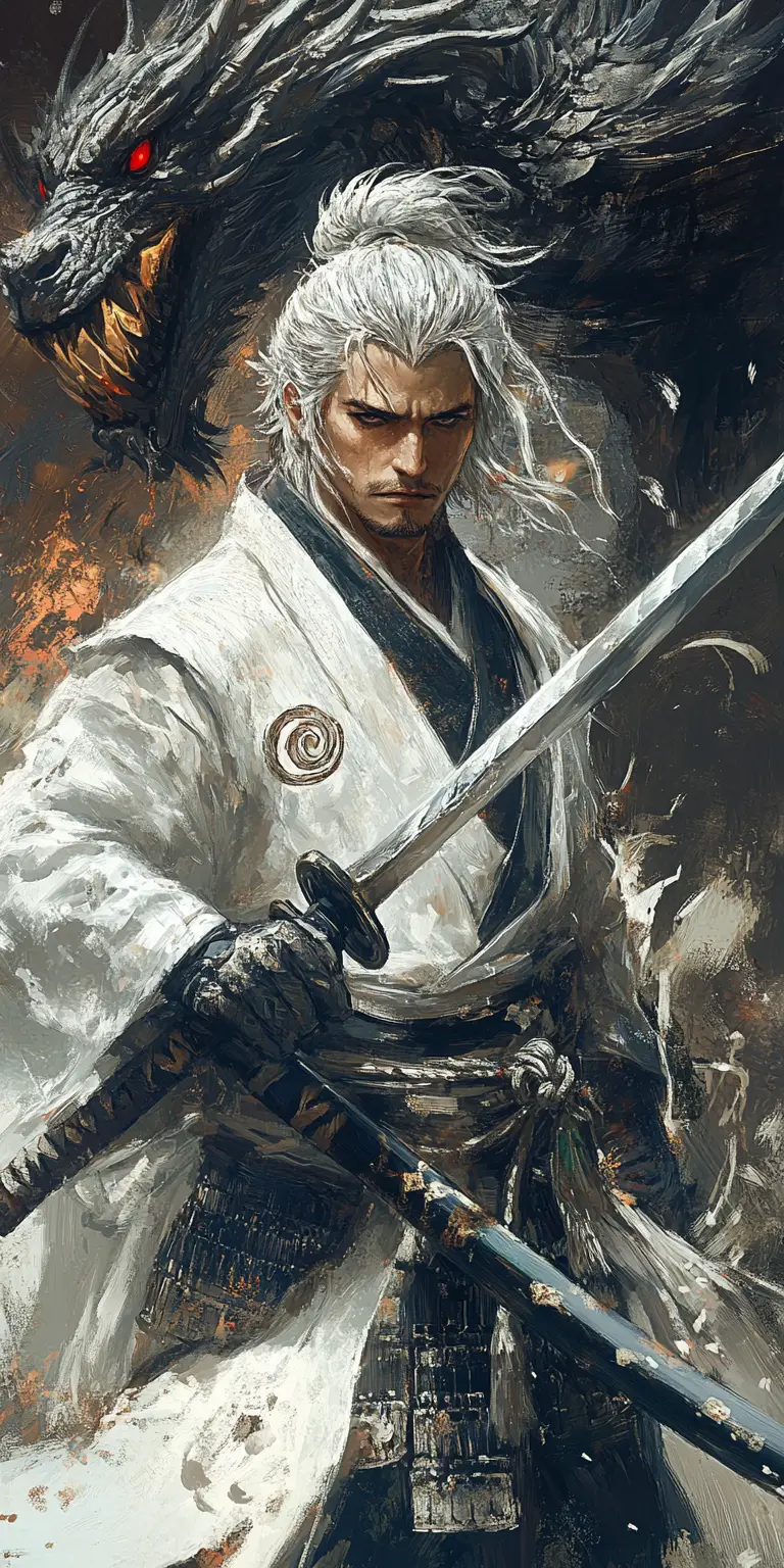Silver haired samurai warrior before a dragon