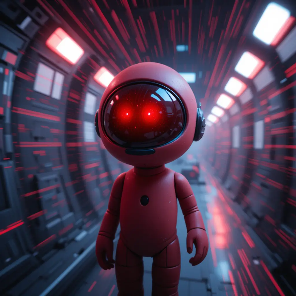 Red vinyl game character in a cinematic 3D close up