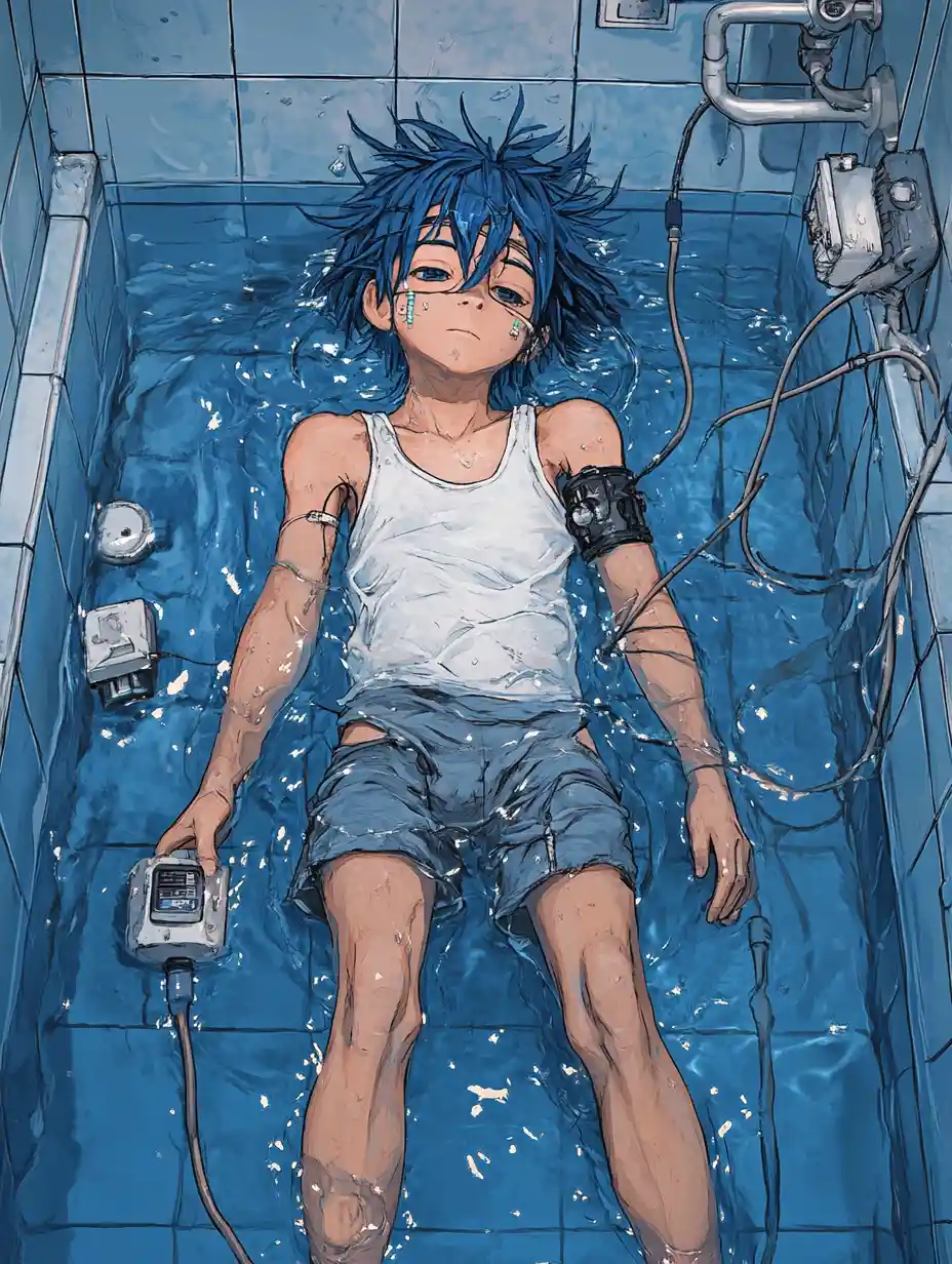 Ragazzo dai capelli blu che si rilassa in un bagno piastrellato fatiscente